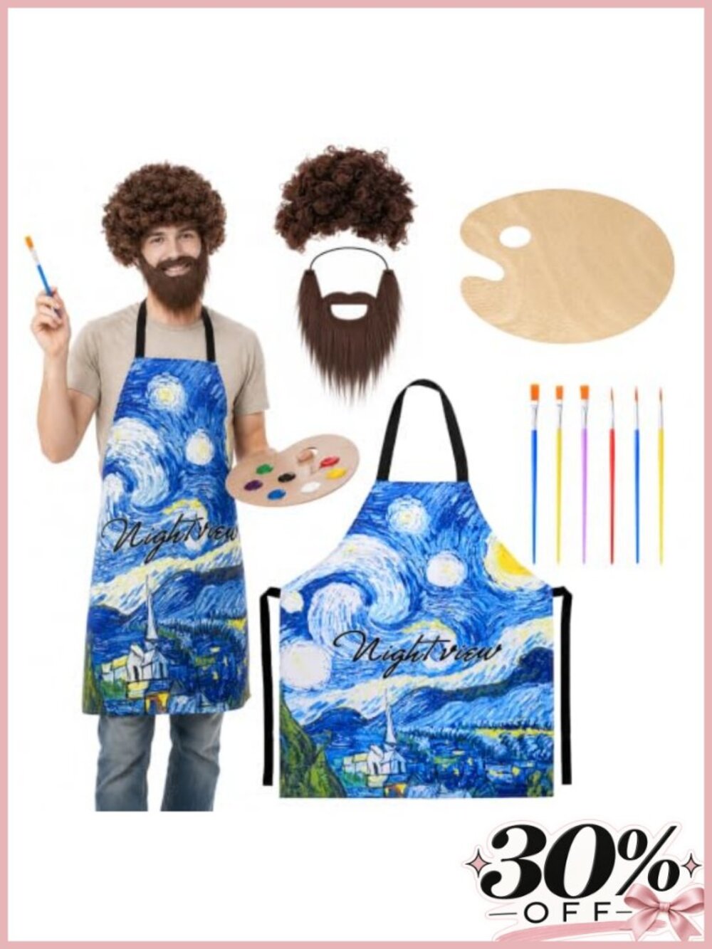 10 Pc 80s Painter Costume Set Adult Artist Apron Wig Beard & Brushes